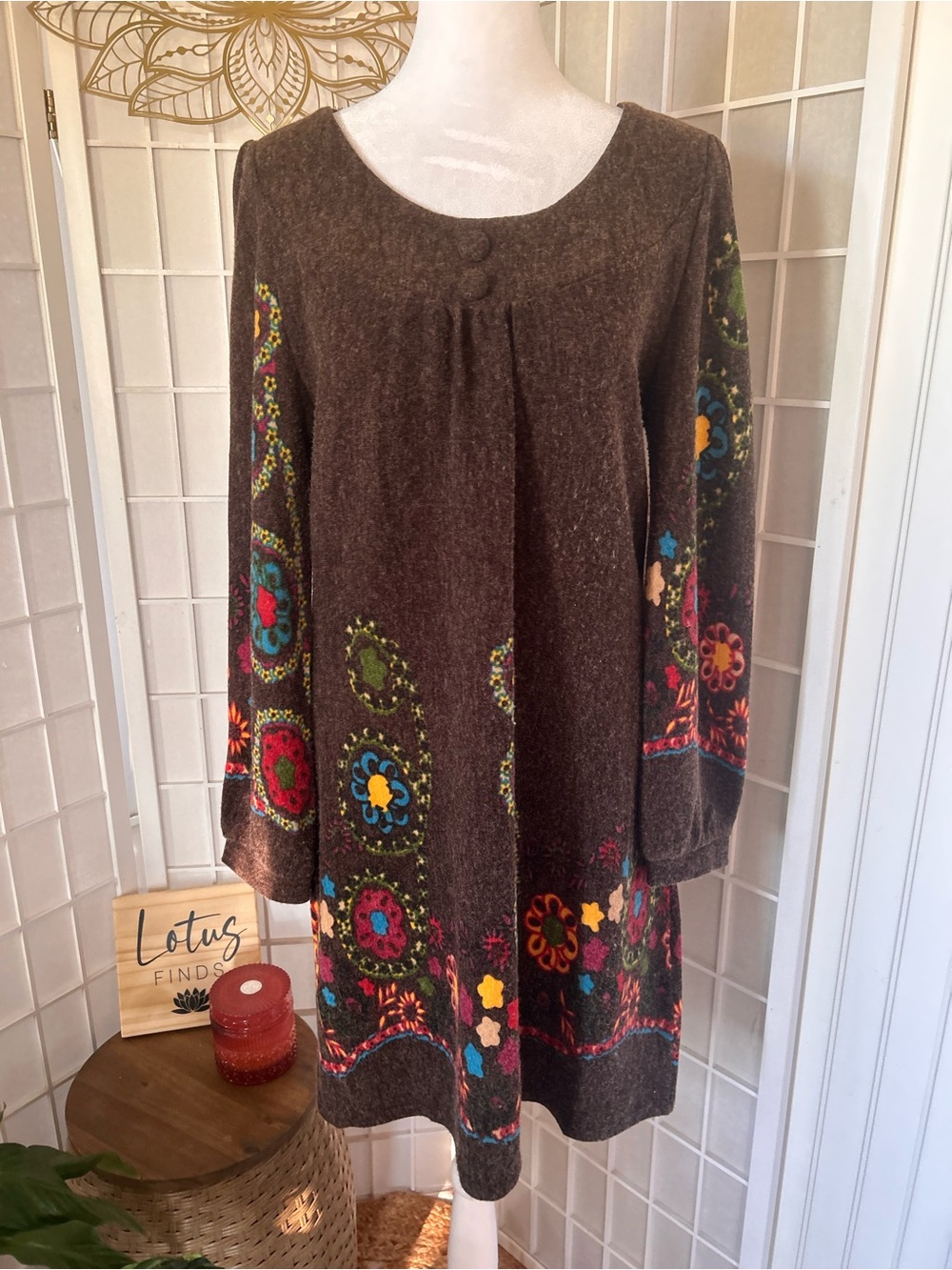 ARYEH Medium Boho Floral Border-Print Sweater Dress